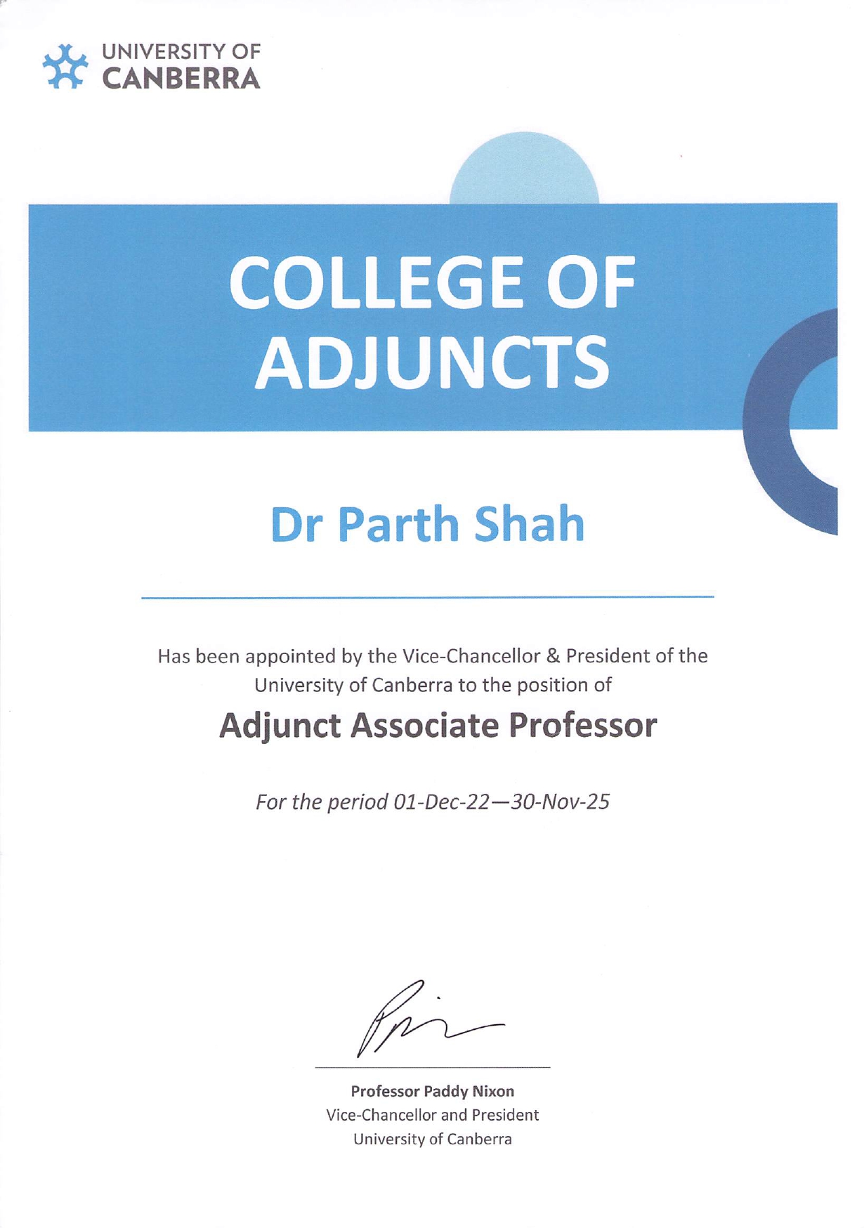 Dr Parth Shah appointed as Adjunct Associate Professor at University of